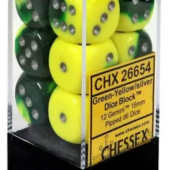 Promo 🎁 Chessex 6-Sided d6 Gemini 16mm Dice Pack #26654 [Green-Yellow/Silver] 💯