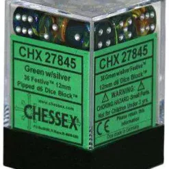 Outlet ⌛ Chessex 6-Sided d6 Festive 12mm Dice Pack #27845 [Green & Silver] 👏